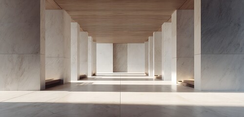 Marble, pine wood, and basalt stone in symmetrical layout with soft daylight shadows