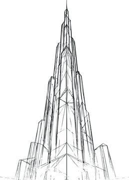 Detailed line drawing of a modern skyscraper building with pointed spire in vertical perspective