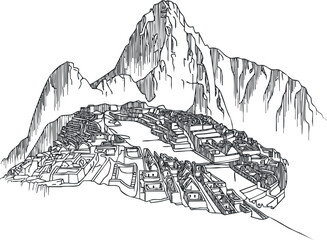 Naklejka premium Black and white line drawing of Machu Picchu ancient Inca ruins with mountain backdrop