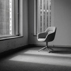 A grayscale photo of a single, upholstered chair in a sparsely furnished room with large windows showing a city skyline. Sunlight streams across the carpeted floor