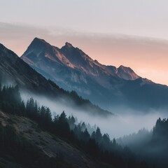 Distant sunrise over mountains with orange red sky and dramatic clouds, wide angle cinematic landscape view, flying bird above black hills, white fog and glowing horizon creating mysterious atmosphere