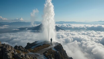  Metallic Silver Water Shoots Skyward, Mountain Fountain, Above the Clouds, Breathtaking View