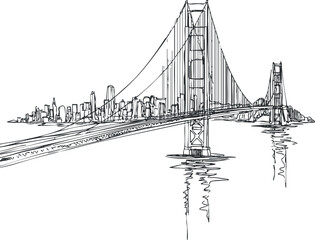 Black and white sketch of a suspension bridge spanning a river with a city skyline in the background and reflection in water