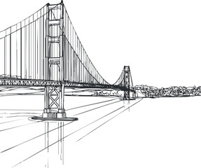 Fototapeta premium Black and white sketch of a suspension bridge with towers and cables over a body of water near a city skyline
