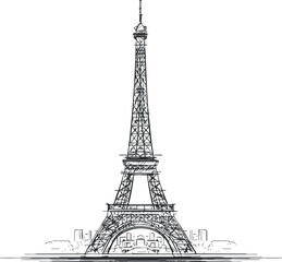 Obraz premium Black and white sketch illustration of the Eiffel Tower landmark in Paris France symbolizing travel and architecture.