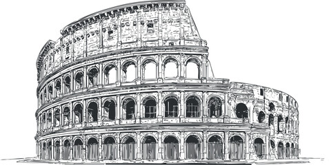 Detailed black and white sketch of the ancient Roman Colosseum, iconic amphitheater and historic landmark in Italy
