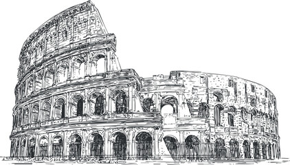 Black and white line drawing of the Colosseum in Rome showcasing its ancient architectural ruins and arches.