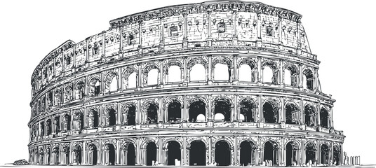 Black and white sketch of the Colosseum in Rome showing ancient Roman architecture and historic landmark