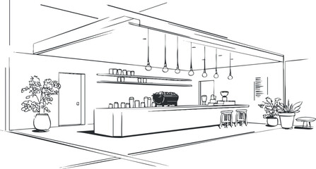 Minimalist modern coffee shop interior with bar counter, stools, hanging lights, and plants
