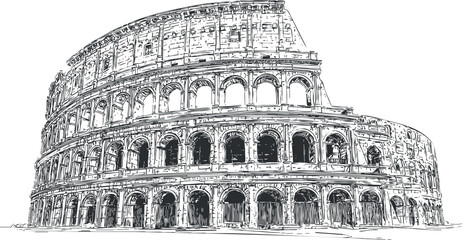 Detailed black and white sketch of the Colosseum ancient Roman amphitheater famous landmark in Rome Italy