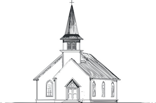 Black and white drawing of a traditional church building with steeple and cross on white background