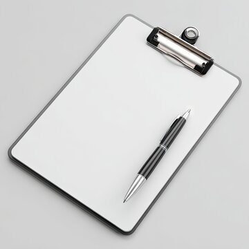 A grey clipboard with a blank white sheet and a black pen rests on a light grey surface, angled slightly