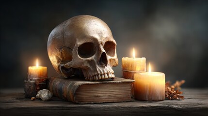 Death Symbolism with Skull and Candles on Ancient Book in Dark Mood for Halloween or Gothic Theme