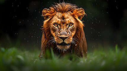Naklejka premium Majestic Lion's Intense Gaze Amidst a Rain Shower in Lush Greene