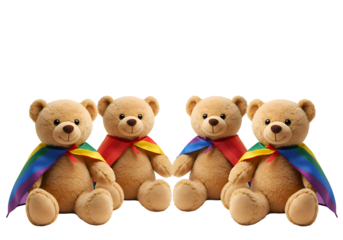 Four Plush Bears in Rainbow Capes: Pride Month Symbol on white background