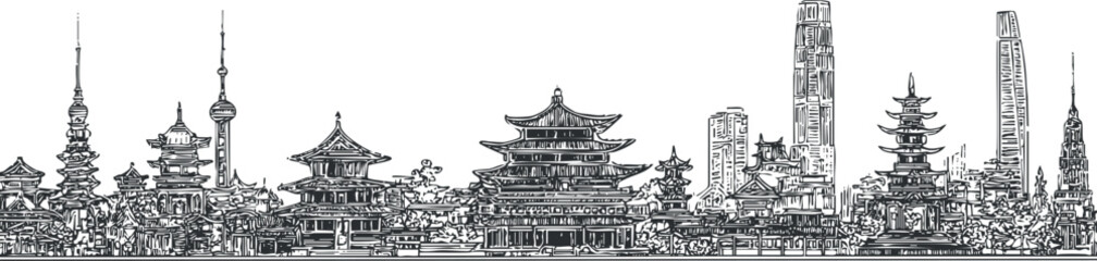 Fototapeta premium Black and white detailed line drawing of Shanghai city skyline featuring modern skyscrapers and traditional pagodas.