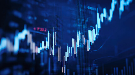 A vibrant blue candlestick chart shows financial data, set again