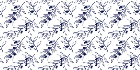 Seamless olive branch pattern with elegant botanical design for wallpaper, fabric, and background. Stylish navy foliage texture with natural detail. Perfect for decorative and surface prints.