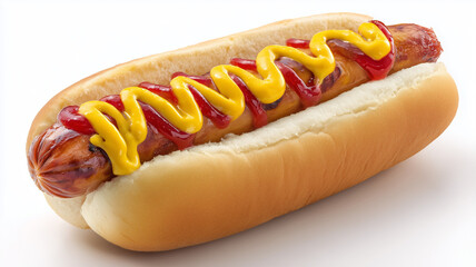 Hot dog in bun with mustard and ketchup