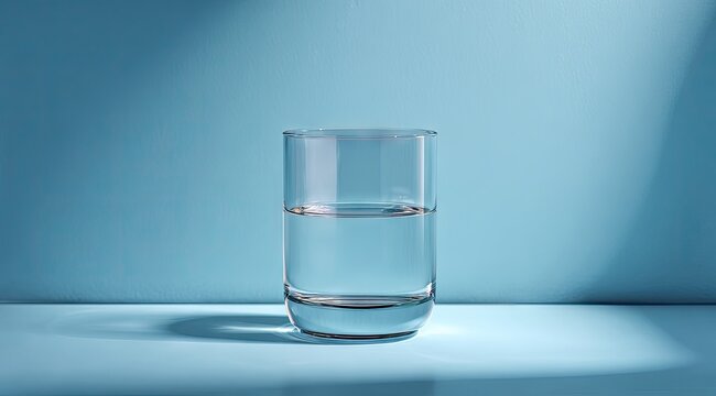 A half-full cylindrical glass of clear water sits on a light blue surface against a similarly colored backdrop, illuminated by a soft, angled light source