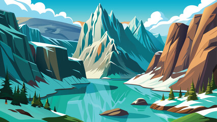 Vector illustration of a beautiful mountain landscape with a lake reflecting the majestic snow-capped peaks under a clear sky © Nayeem Sheikh