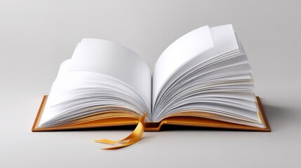 Fototapeta premium Open blank book with golden pages and a ribbon on gray background for creativity or education concept