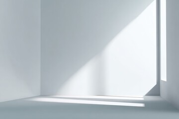 Fototapeta premium Bright room corner featuring light pouring in from a window. The minimal space has a sleek, modern aesthetic, and light creates sharp shadow contrasts