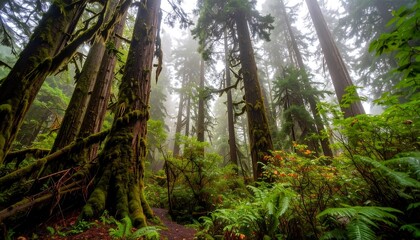 Fototapeta premium Lush forest scene, misty atmosphere