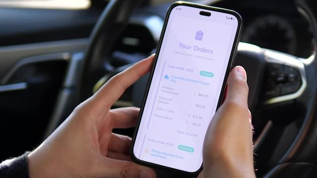 A persons hands use a package tracking app to check delivery status, waiting through a loading animation before receiving detailed order information. This relatable moment is perfect for e-commerce