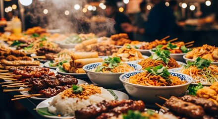 A photorealistic and vibrant food photograph, with a close-up of freshly cooked street dishes in a bustling food market.