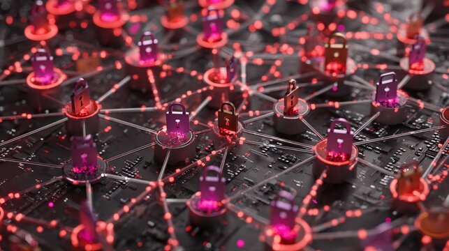 holographic panel displaying network structure with padlock icons over nodes, indicating active security measures and real-time threat protection in digital systems real-time defense, holographic 