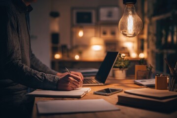 Man working late at home office on a laptop, planning startup finances with notebook and smartphone, cozy modern interior.