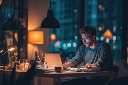 Man working late at home office on a laptop, planning startup finances with notebook and smartphone, cozy modern interior.