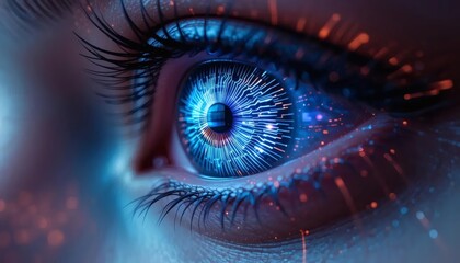 Futuristic digital eye with glowing circuits and data streams, symbolizing AI and advanced technology.