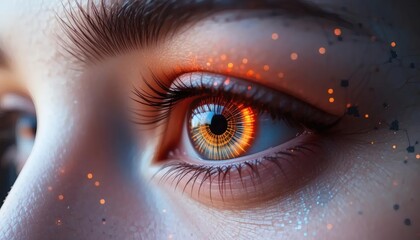 Fototapeta premium Intense human eye with futuristic orange digital iris and glowing particles, symbolizing vision and innovation