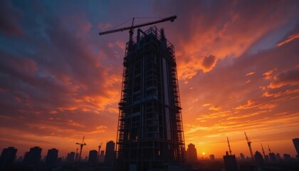 Towering skyscraper construction against a dramatic, fiery sunset sky with city silhouettes