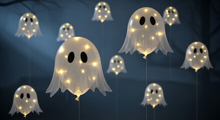 Illuminated ghost balloons floating in the dark for a festive halloween decoration display scene ai generated
