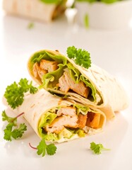 Fresh chicken wrap with lettuce and herbs on display