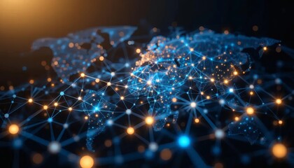 Dynamic global network connections illuminate digital world map with vibrant data streams