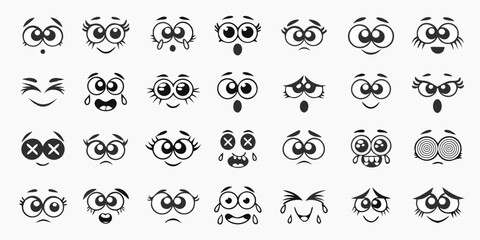 Collection of cartoon facial expressions and emotions in black and white vector art