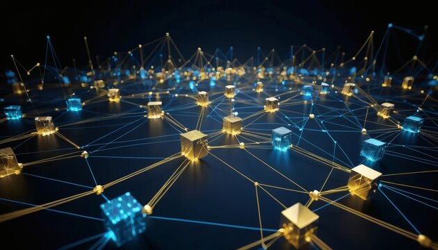 Dynamic digital network connecting glowing cubes with vibrant data flow, representing futuristic technology and global communication.