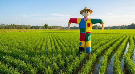 A colorful scarecrow stands guard in a vibrant green rice field under a clear blue sky.