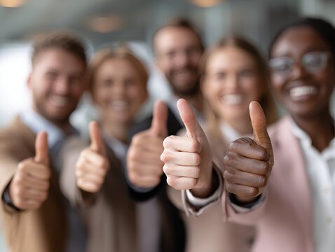 Diverse Professional Team Giving Unified Thumbs Up Gesture - Corporate Achievement Celebration, Workplace Diversity Concept, Team Collaboration Success, Positive Corporate Culture