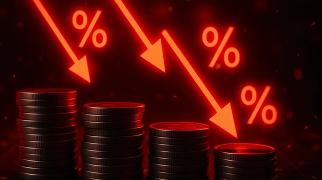 Global Financial Market Faces Decline with Downward Arrows, Decreasing Coins, and Percentages Impacting Investment and Economy