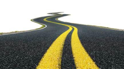 Winding Asphalt Road with Yellow Stripes on Black Background