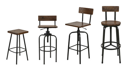 Industrial style bar stool set with dark wood seat and black steel frame, isolated on transparent background