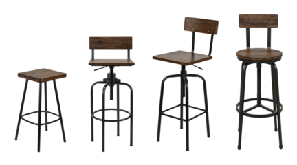 Industrial style bar stool set with dark wood seat and black steel frame, isolated on transparent background