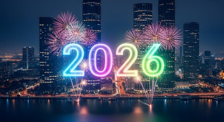 Neon holographic 2026 digits hovering above a city skyline with glowing fireworks illuminating the buildings. Festive concept