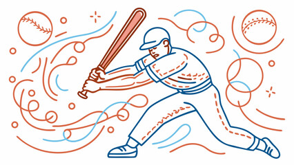 Obraz premium A baseball player is captured mid-swing, exuding energy and motion. Swirling lines and abstract forms surround the figure, enhancing the sense of movement and speed as he connects with the ball. AI