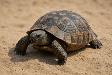 Obraz premium Turtle resting on sandy terrain close-up